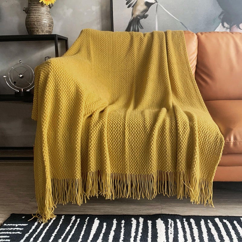 LOMAO Knitted Throw Blanket with Tassels Bubble Textured Lightweight Throws for Couch Cover Home Decor Mustard Yellow 50x60