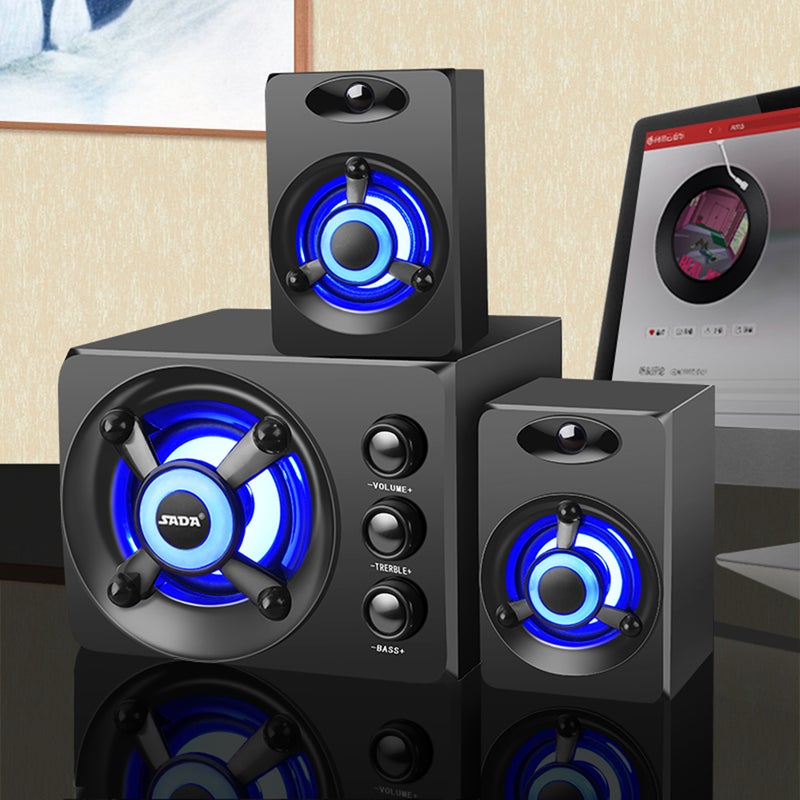 Black D-208 3 in 1 Subwoofer Speaker Set With LED Light for Home, 3.5mm Wired, Super Bass - Image 2