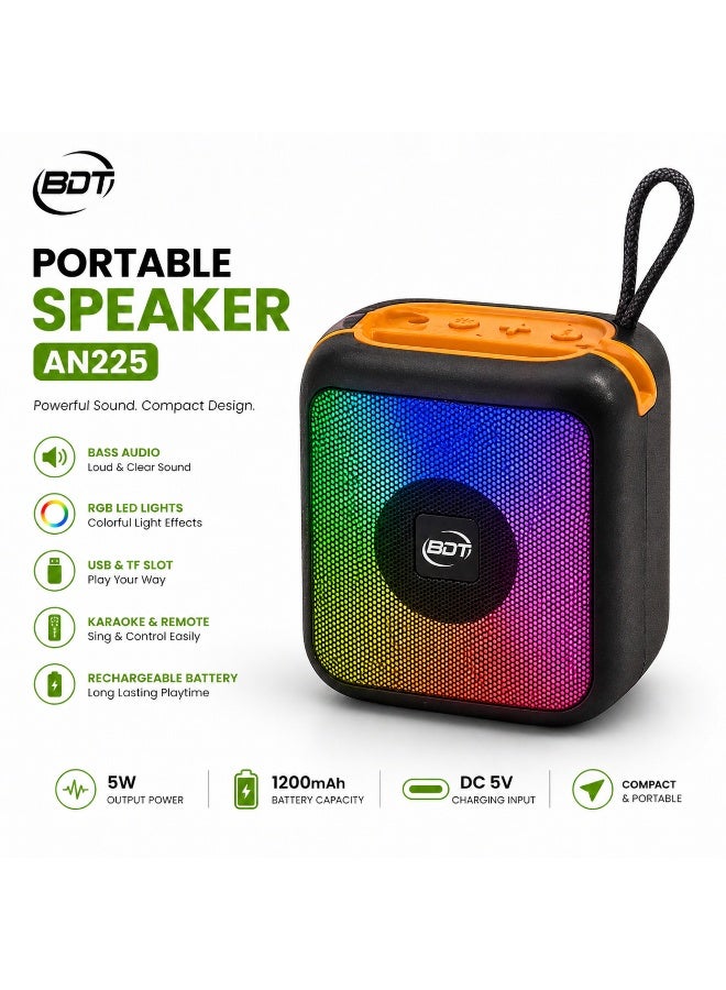 BDT سماعة بلوتوث محمولة BDT موديل AN225 بإضاءة RGB ومدخل USB وفتحة TF وصوت قوي وبطارية قابلة للشحن أسود/برتقالي - Image 1
