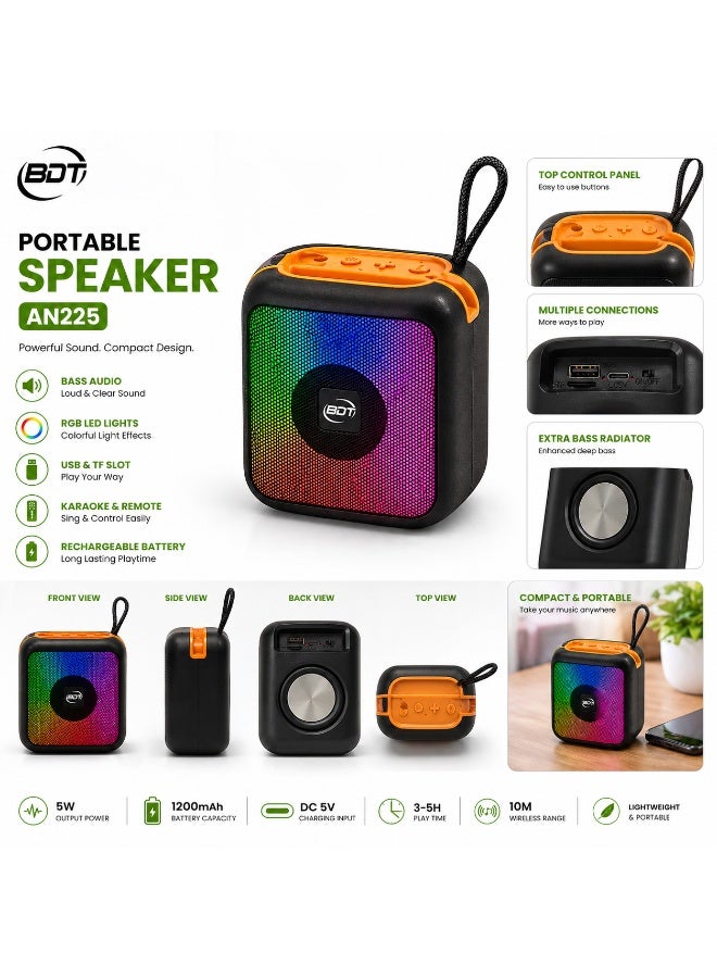 BDT سماعة بلوتوث محمولة BDT موديل AN225 بإضاءة RGB ومدخل USB وفتحة TF وصوت قوي وبطارية قابلة للشحن أسود/برتقالي - Image 2