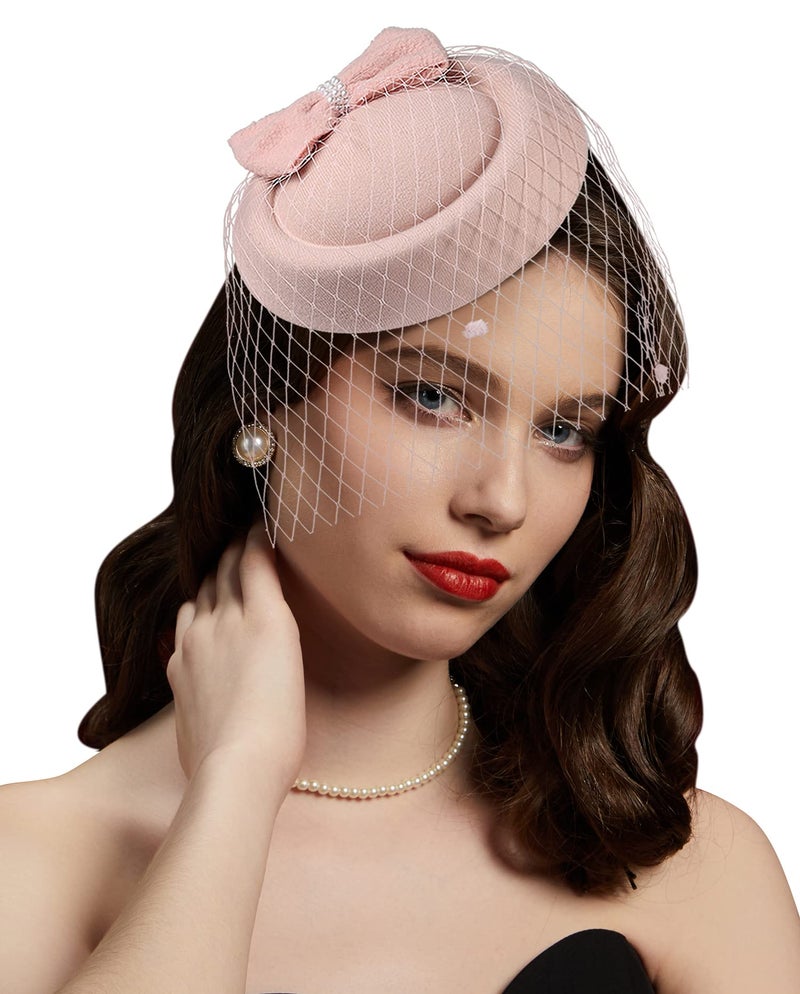 Cizoe Fascinator Hats for Women 20s 50s Vintage Pillbox Kentucky Derby Fascinators Flower Veil Wedding Party Hat Tea Hat (11C-Blush Pink) - Image 1