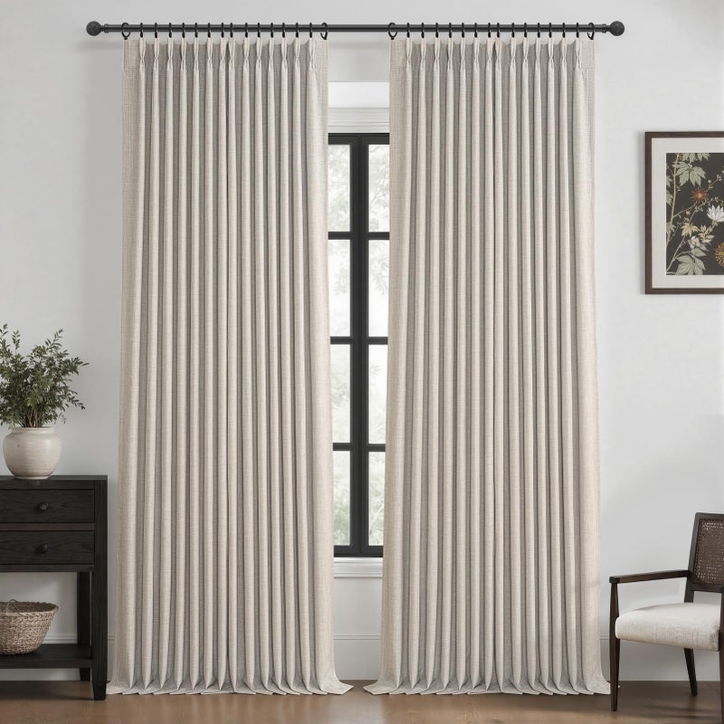 PleatedDrapes Greyish Beige Dual Layer Linen 102 Inch Long Curtains Panels of 2 for Sliding Glass Doors, Blackout Memory Shape Pinch Pleated Noise Reducing Thermal Ceiling Decorative Windows Drapes 8-1/2 FT Length - Image 1