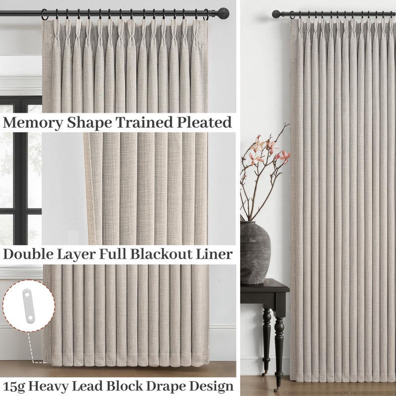 PleatedDrapes Greyish Beige Dual Layer Linen 102 Inch Long Curtains Panels of 2 for Sliding Glass Doors, Blackout Memory Shape Pinch Pleated Noise Reducing Thermal Ceiling Decorative Windows Drapes 8-1/2 FT Length - Image 4