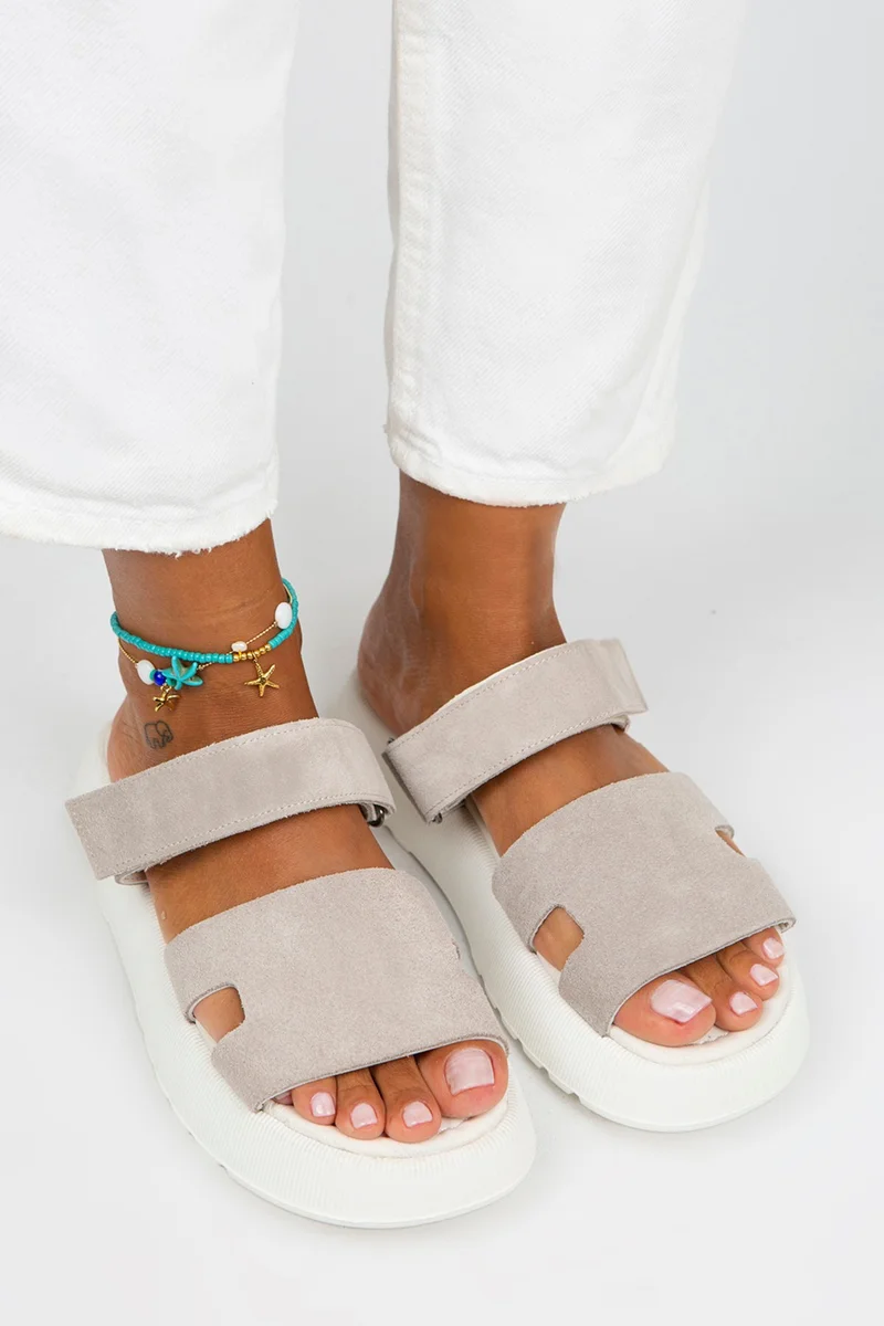 Manijero Manijero Seina Women's Genuine Leather Velcro Slippers Beige - White