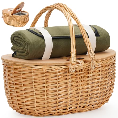 ZORMY Cooler Picnic Basket with Blanket Wooden Split Lid Picnic Basket VintageStyle Wicker Picnic Hamper with Folding Woven Handle for Picnic Camping 