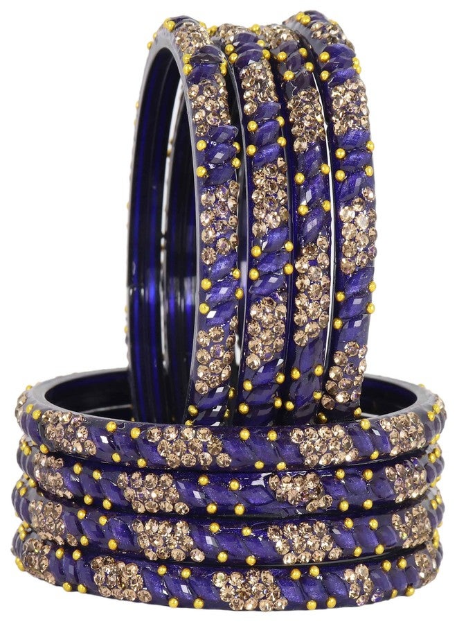 LAVAZZA Designer Glass Bangles Set with Golden Zircon Diamond Stone & Beads Studded For Women & Girls | Glass Kada For Women 2.6 | bangles for women glass | glass kada set-(AB1-KashmaKash-Blue-2.6) - Image 1