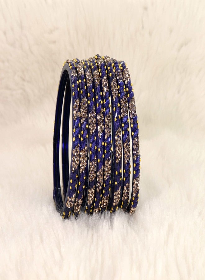 LAVAZZA Designer Glass Bangles Set with Golden Zircon Diamond Stone & Beads Studded For Women & Girls | Glass Kada For Women 2.6 | bangles for women glass | glass kada set-(AB1-KashmaKash-Blue-2.6) - Image 3
