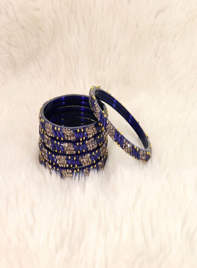LAVAZZA Designer Glass Bangles Set with Golden Zircon Diamond Stone & Beads Studded For Women & Girls | Glass Kada For Women 2.6 | bangles for women glass | glass kada set-(AB1-KashmaKash-Blue-2.6) - Image 4
