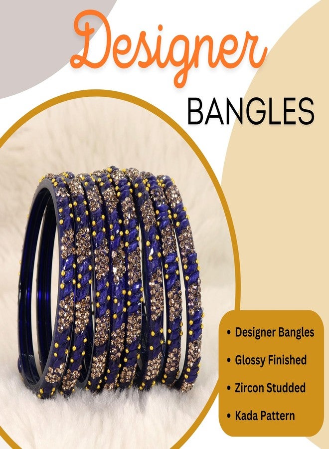 LAVAZZA Designer Glass Bangles Set with Golden Zircon Diamond Stone & Beads Studded For Women & Girls | Glass Kada For Women 2.6 | bangles for women glass | glass kada set-(AB1-KashmaKash-Blue-2.6) - Image 5