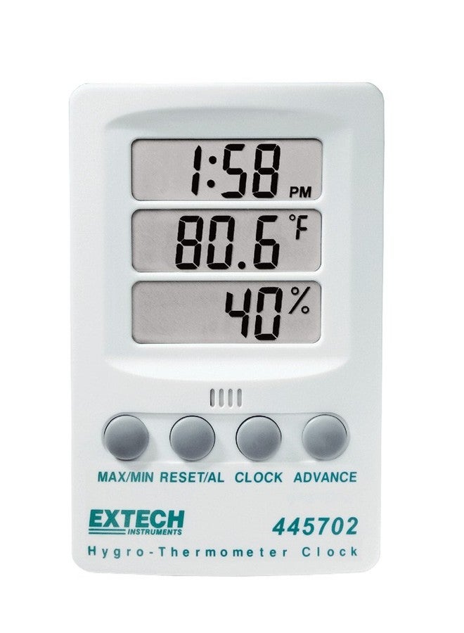 Extech 445702 Hygro-Thermometer Clock - Digital Humidity Monitor and Indoor Thermometer with Max/Min Memory, Triple LCD Display, 12/24 Hour Clock, and Alarm - Wall Mount or Desktop Stand - Image 1