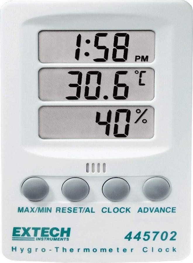 Extech 445702 Hygro-Thermometer Clock - Digital Humidity Monitor and Indoor Thermometer with Max/Min Memory, Triple LCD Display, 12/24 Hour Clock, and Alarm - Wall Mount or Desktop Stand - Image 2