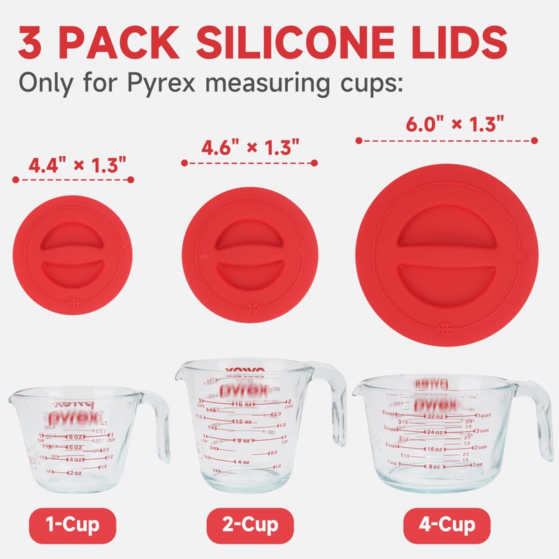Purekra 3 Pack Silicone Replacement Lids, Respectively Fits Pyrex 1-Cup, 2-Cup & 4-Cup Tempered Glass Liquid Measuring Cups, Reusable & Food-grade Silicone, Dishwasher & Microwave Safe - Image 2