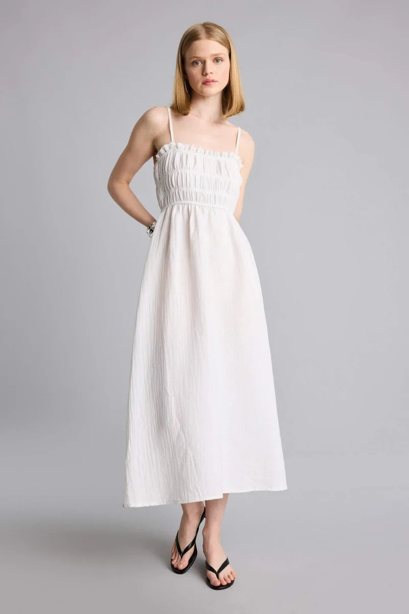 ديفاكتو Square Collar Linen Look Midi Dress