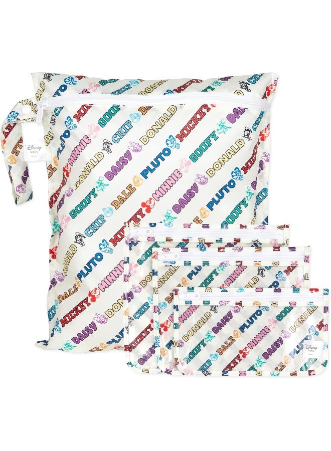 Bumkins - Waterproof Wet Bag & Clear Travel Bags - For Beach, Baby, Travel, Swim Suit, Cloth Diapers, Pump Parts, Pool, Gym, Toiletries - Reusable & Easy to Clean - Mickey and Friends White - 4 Pack - Image 1