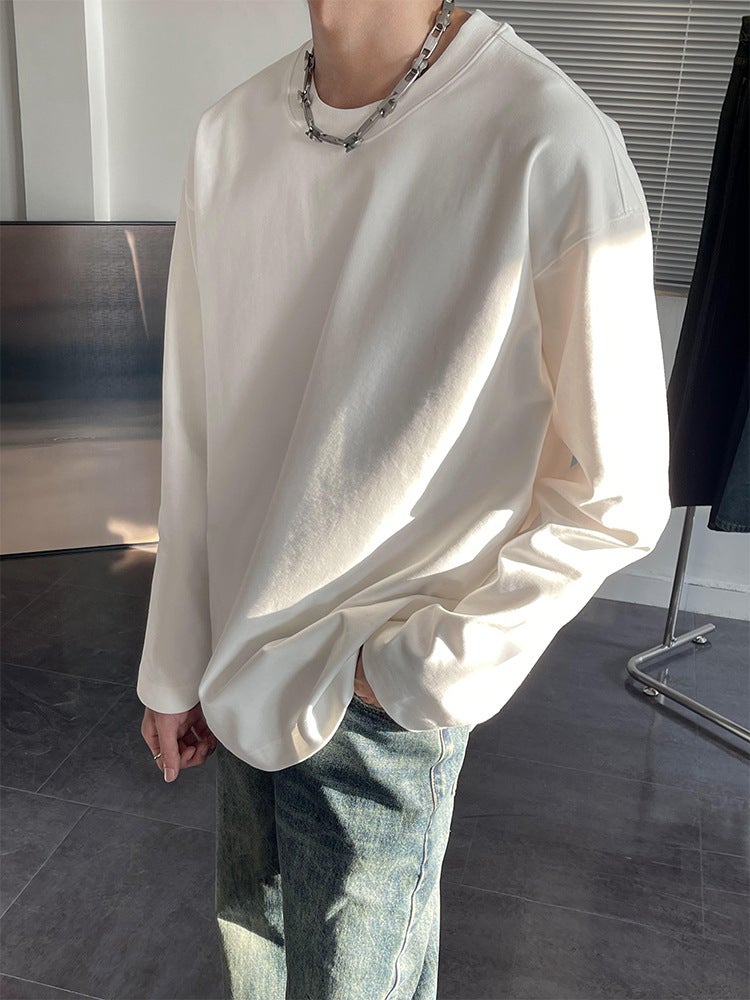 Heavy Long-Sleeved T-Shirt Boys Thin Sweater Solid Color Inner Base Shirt Trendy Brand Loose Round Neck Top - Image 3
