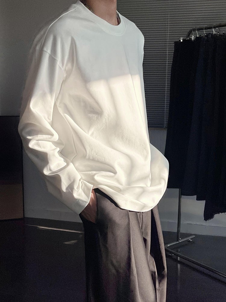 Heavy Long-Sleeved T-Shirt Boys Thin Sweater Solid Color Inner Base Shirt Trendy Brand Loose Round Neck Top - Image 2