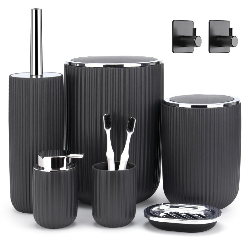 Boperzi Bathroom Accessories Set Complete: 8pc Bathroom Accessory Set with Trash Can 2pc for Floor/Counter, Toilet Brush, Soap Dispenser, Toothbrush Holder, Adhesive Hook, Grey Modern Bathroom Set - Image 1