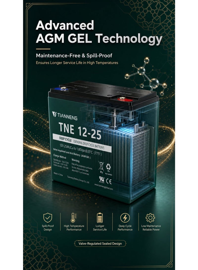 1-Pack 12V 25Ah lead-acid gel cycle batteries, rechargeable over 2000 times, suitable for Electric scooter、E-bike、solar、wind energy systems、 lighting、 electric toy cars、fish finders、 with a built-in 25A battery management system - Image 5