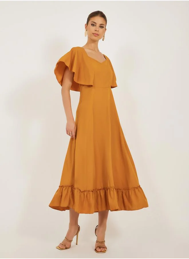 Styli Solid Sweetheart Neck Cape Sleeves A-Line Midi Dress