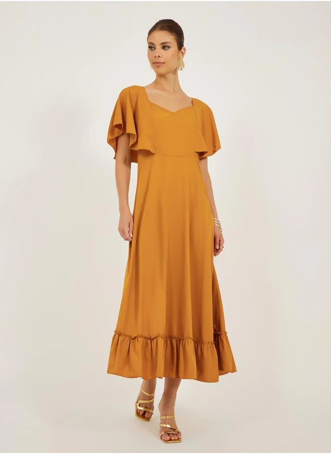 Styli Solid Sweetheart Neck Cape Sleeves A-Line Midi Dress