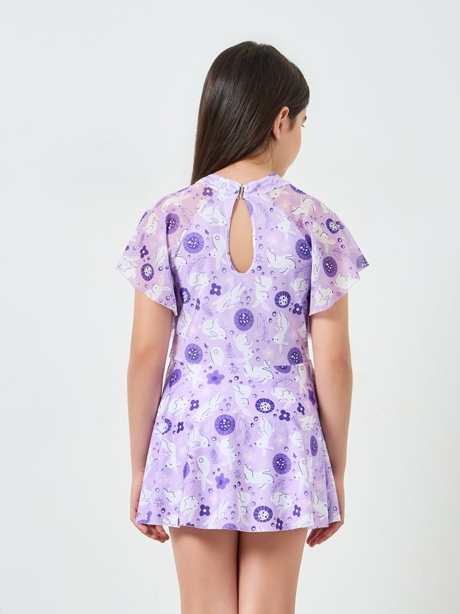 Girls Lilac Printed Swimsuit with  Shorts - Image 5