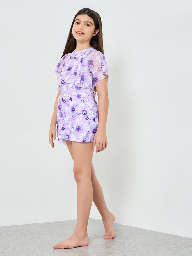 Girls Lilac Printed Swimsuit with  Shorts - Image 2