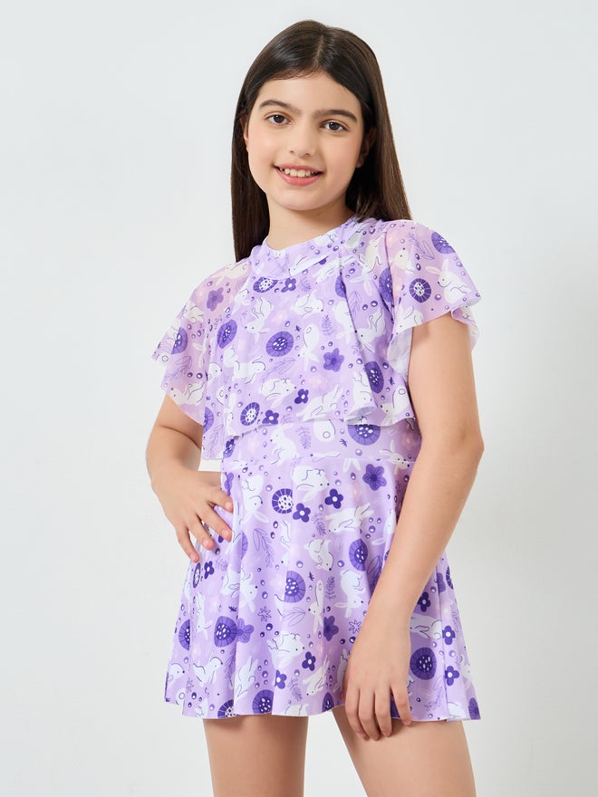 Girls Lilac Printed Swimsuit with  Shorts - Image 1