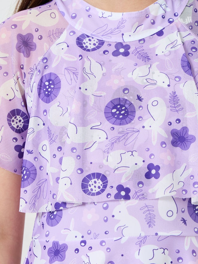 Girls Lilac Printed Swimsuit with  Shorts - Image 3