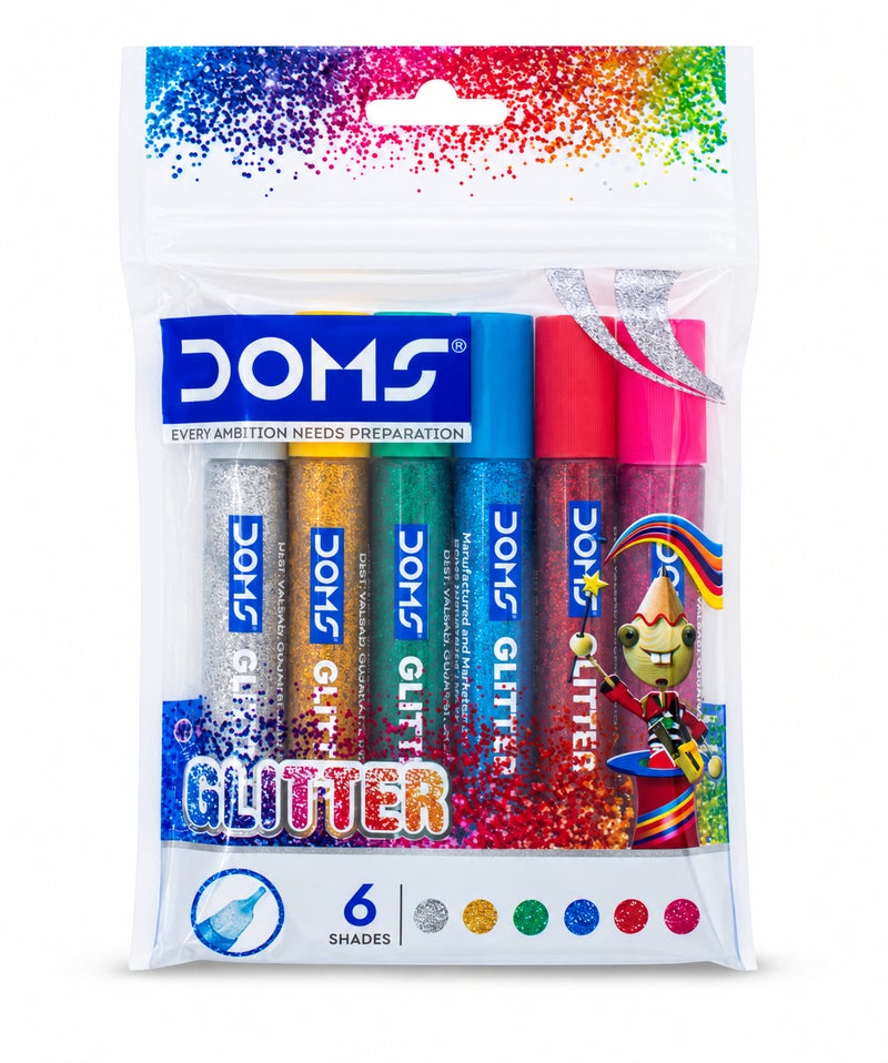DOMS Glitter Colour Set 6 Assorted Shades 10 ml Each - Image 1