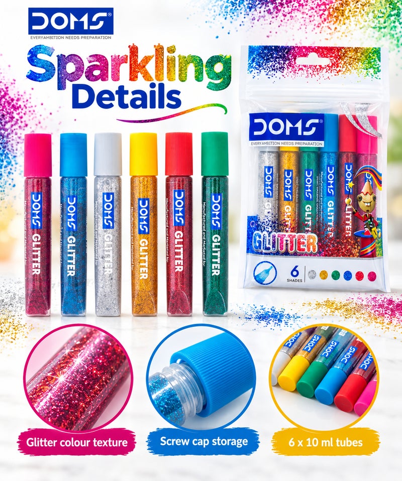 DOMS Glitter Colour Set 6 Assorted Shades 10 ml Each - Image 2