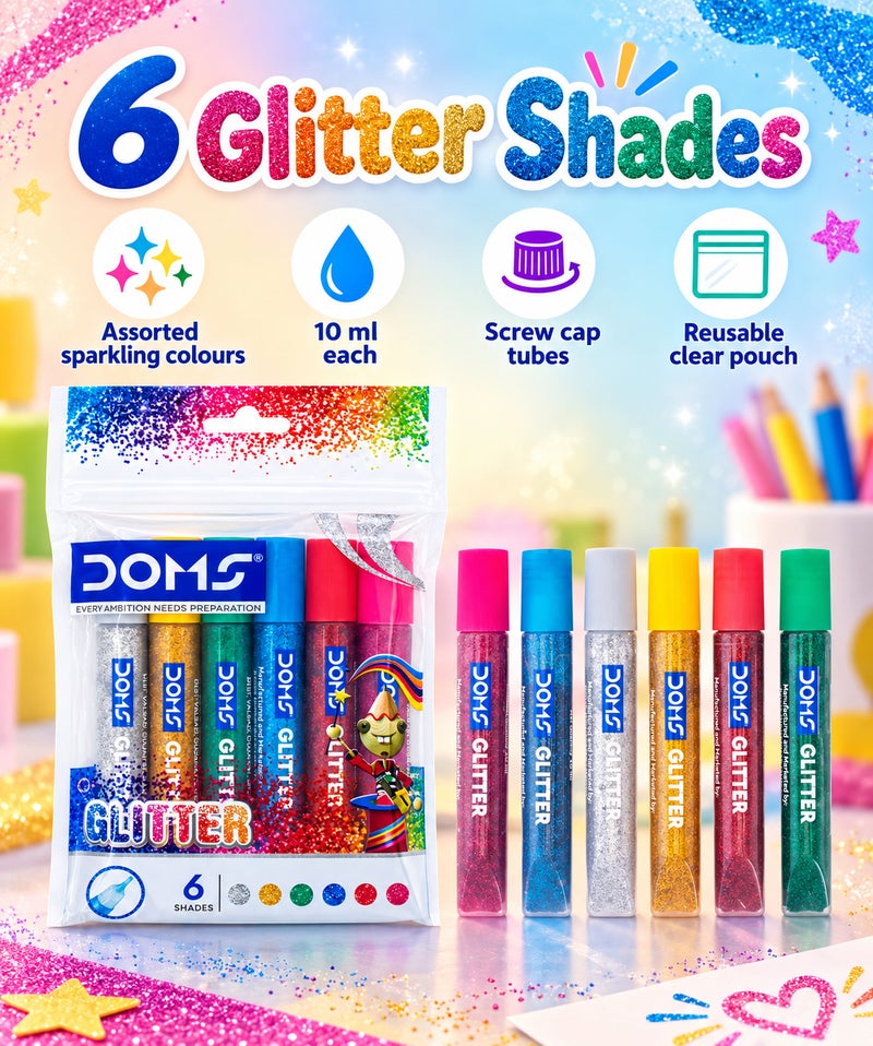 DOMS Glitter Colour Set 6 Assorted Shades 10 ml Each - Image 3