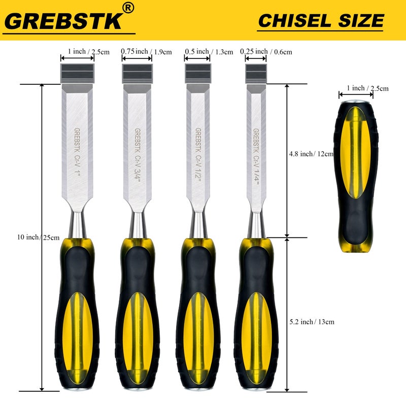GREBSTK Professional Wood Chisel Four Piece Set Chrome Vanadium Steel PVC Transplant Handle - Image 1
