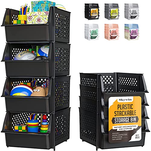 Skywin TidyFriend Stackable Storage Bins for Pantry Organizers and Storage 4 Pack, Pantry Storage for Food, Kitchen and Home Organization (Black) - Image 1