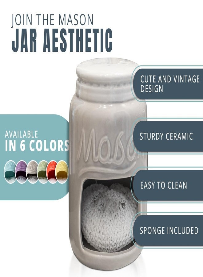 كومفيفي حامل إسفنجة مطبخ سيراميكي من كومفيفي - حامل حوض بتصميم ريفي - إكسسوار مطبخ مزخرف على شكل مرطبان زجاجي - ديكور حوض ريفي - يتضمن إسفنجة مجانية - رمادي - Image 2