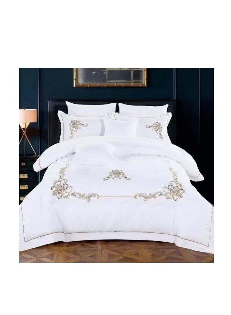 بيج طقم غطاء لحاف مطرز بحجم كينغ مجموعة 6 قطع من مجموعة الفراش ملاءة سرير مجهزة لحاف مع إغلاق بسحاب