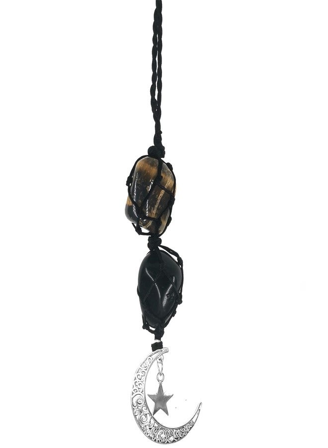 Persofine Healing Crystal Stone Car Hanging Accessories Charm Ornaments Decor with Moon and Star (Tiger Eye-Obsidian) - Image 1