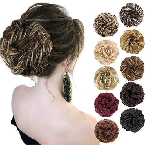 MORICA 1PCS Messy Hair Bun Hair Scrunchies Extension Curly Wavy Messy Bun Hair Synthetic Chignon Hairpieces for WomenDark Brown  Ash Blonde