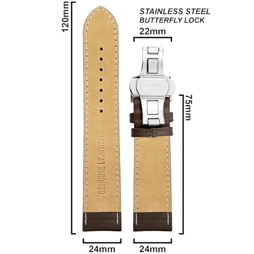DBLACK ''ARLONG'' Genuine Leather Watch Strap with Butterfly Lock, Half-Padded, Matte Finish Leather Watch Belt // For 20mm, 22mm, or 24mm Leather Watch Band (Choose Your Size & Color) (Brown, 24mm) - Image 2