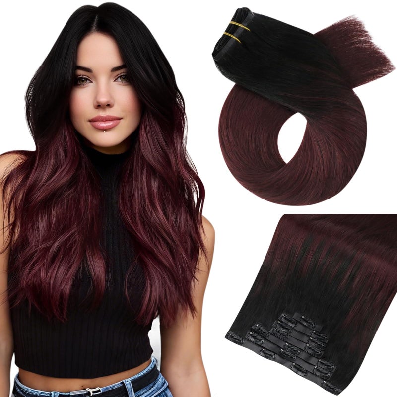 Moresoo Seamless Clip in Hair Extensions Burgundy Balayage Seamless Hair Extensions Clip ins Human Hair Black to Wine Red Ombre Human Hair Clip in Extensions Black to Burgundy 120g 7pcs 20inch