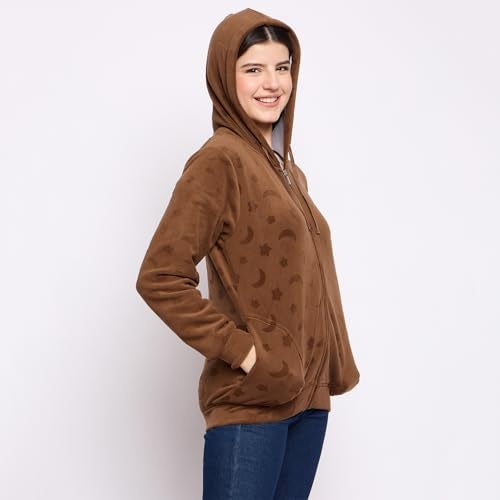 CAMEY Women's Fleece Hoodie Sweatshirt, Full Sleeve, Zipper Front, Auli Laser Cut Pattern, Winter Wear (in, Alpha, M, Regular, Brown) - Image 4