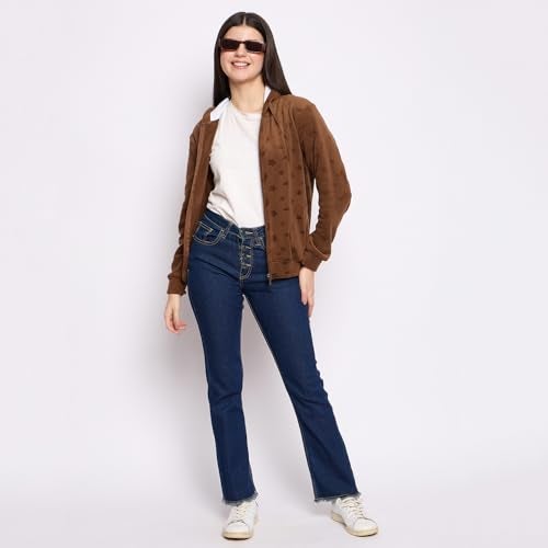 CAMEY Women's Fleece Hoodie Sweatshirt, Full Sleeve, Zipper Front, Auli Laser Cut Pattern, Winter Wear (in, Alpha, M, Regular, Brown) - Image 2