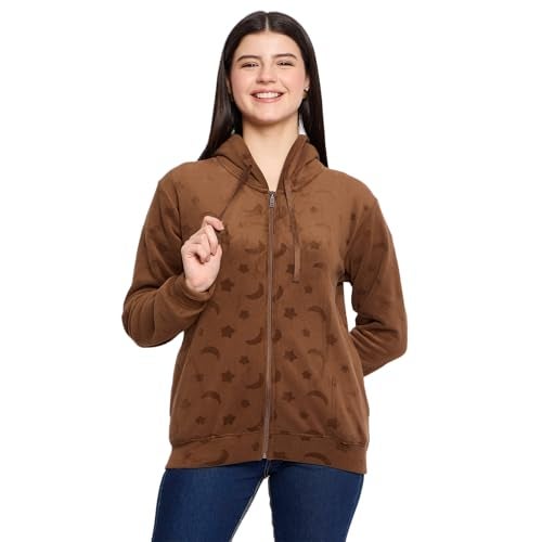 CAMEY Women's Fleece Hoodie Sweatshirt, Full Sleeve, Zipper Front, Auli Laser Cut Pattern, Winter Wear (in, Alpha, M, Regular, Brown) - Image 1