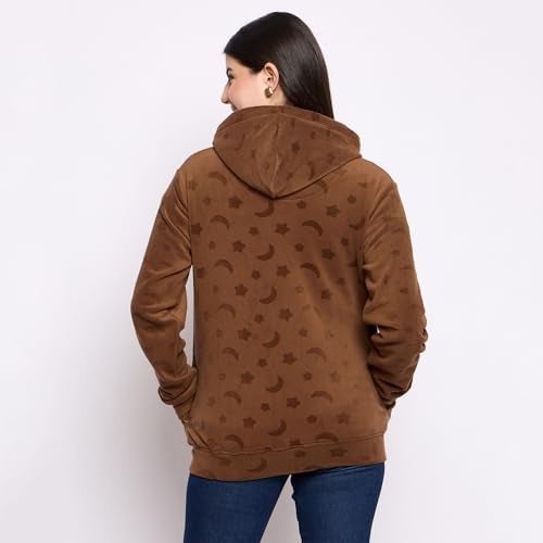 CAMEY Women's Fleece Hoodie Sweatshirt, Full Sleeve, Zipper Front, Auli Laser Cut Pattern, Winter Wear (in, Alpha, M, Regular, Brown) - Image 5