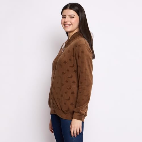 CAMEY Women's Fleece Hoodie Sweatshirt, Full Sleeve, Zipper Front, Auli Laser Cut Pattern, Winter Wear (in, Alpha, M, Regular, Brown) - Image 3