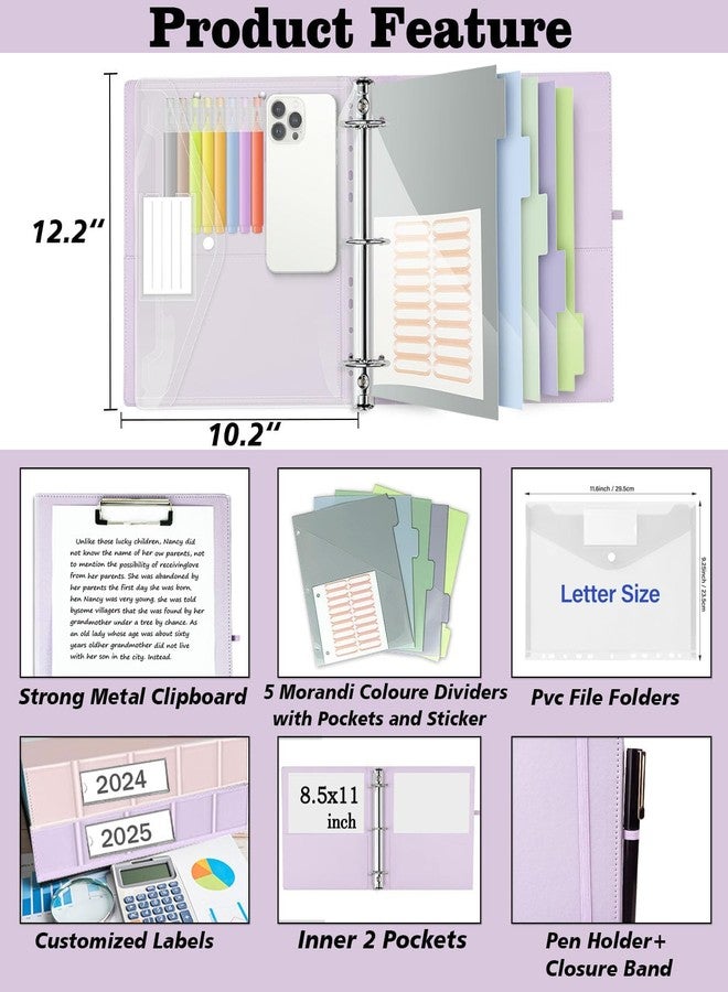 BVSSX 3 Ring Binder, 1 Inch Leather Binder with Clipboards, 5-Tabs Pockets Dividers, 18 Divider Stikers, Plastic Folder, Pen Holder, Three Ring Binder with Pen Holder(Purple, Letter Size) - Image 2