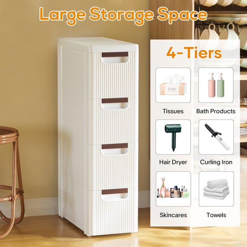 YABORAS 4 Drawers Slim Bathroom Storage Cabinet Dresser, Narrow Plastic Rolling Cart Organizer with Drawers, for Small Spaces, Kitchen, Laundry, Office, Bedroom, White - Image 3