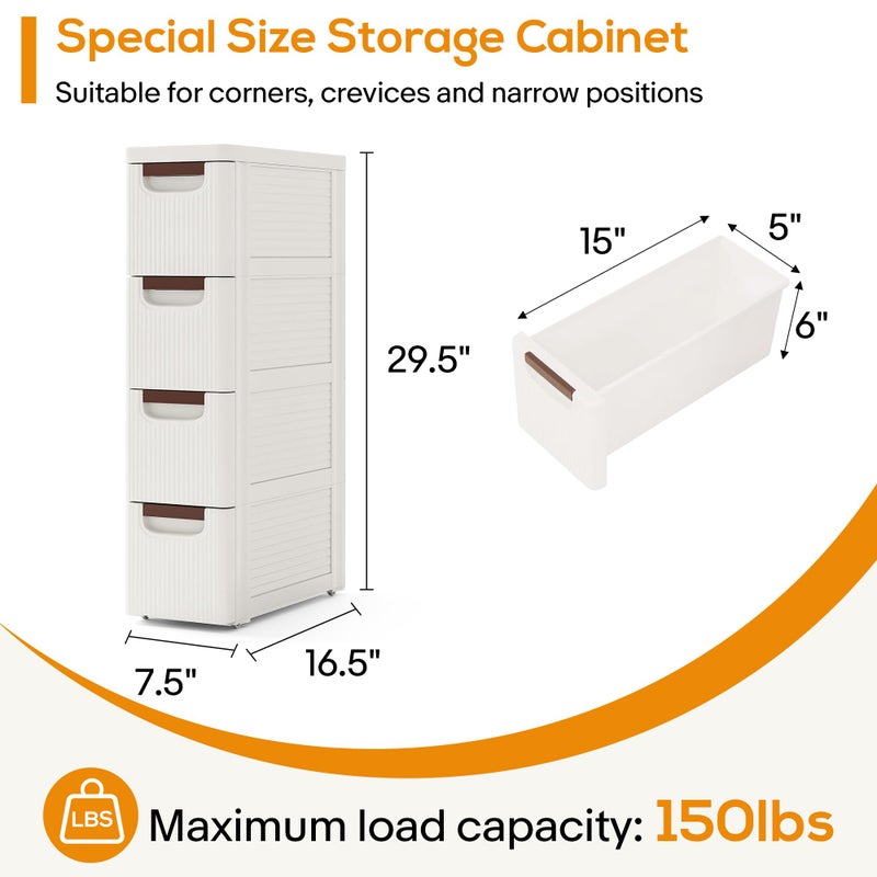 YABORAS 4 Drawers Slim Bathroom Storage Cabinet Dresser, Narrow Plastic Rolling Cart Organizer with Drawers, for Small Spaces, Kitchen, Laundry, Office, Bedroom, White - Image 2