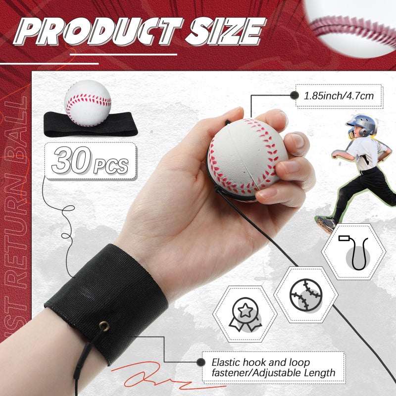 Jerify 30 Pcs Wrist Return Ball on a String Baseball Football Soccer Tennis Party Favor Sports Return Wrist Practice Wristband Ball on Elastic Cord for AdultsBaseball - Image 3