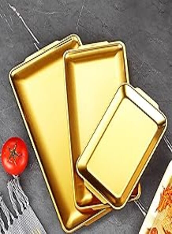 VAODO Stainless Steel Serving Platters, Rectangular Metal Snack Food Tray with Handles for Camping, BBQs, Parties, Buffets, Appetizer Serving or Ornament Organizing, Gold, 3 Pcs