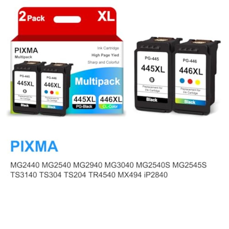 Replacement ink cartridge for Canon printers MG2440/MG2545S/MG2940/MX494/TR4540/IP2840: PG-445XL black and CL-446XL tri-color, high-yield, compatible - Image 2